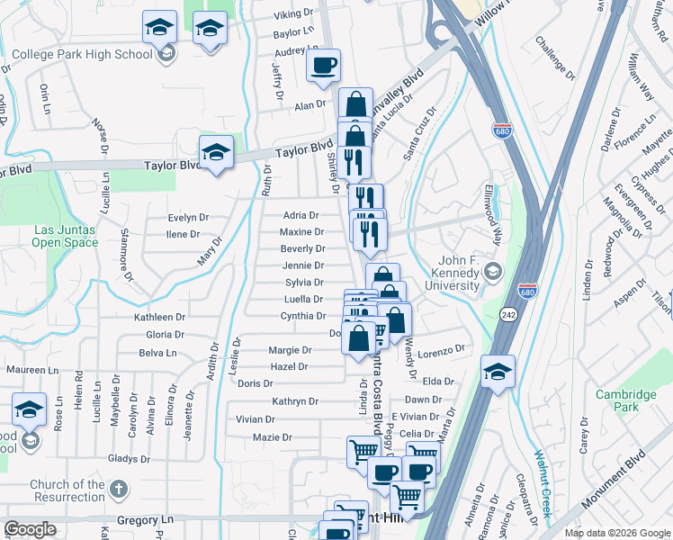 map of restaurants, bars, coffee shops, grocery stores, and more near 106 Jennie Drive in Pleasant Hill
