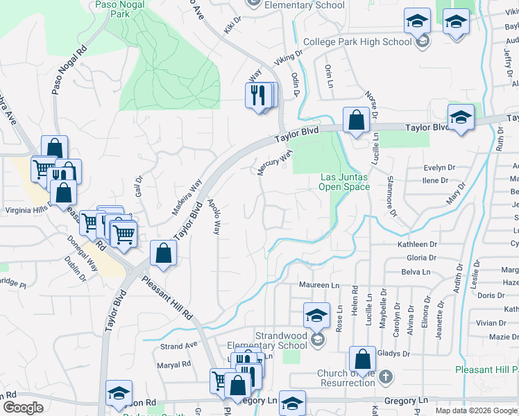 map of restaurants, bars, coffee shops, grocery stores, and more near 408 Brandywine Lane in Pleasant Hill