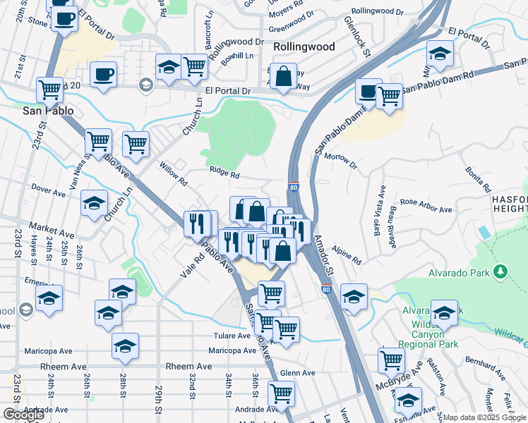 map of restaurants, bars, coffee shops, grocery stores, and more near 2614 Vale Road in San Pablo