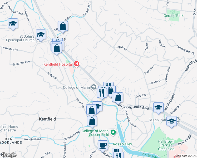 map of restaurants, bars, coffee shops, grocery stores, and more near 11 Elm Avenue in Kentfield
