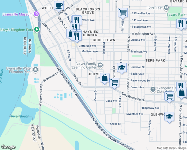 map of restaurants, bars, coffee shops, grocery stores, and more near 1414 Culver Drive in Evansville
