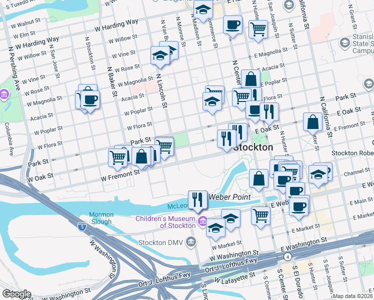 map of restaurants, bars, coffee shops, grocery stores, and more near 404 West Oak Street in Stockton