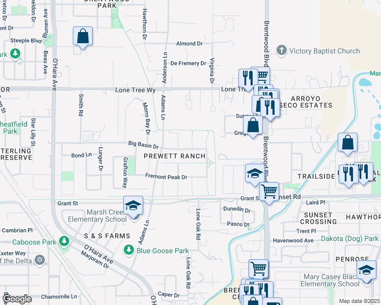 map of restaurants, bars, coffee shops, grocery stores, and more near 540 Big Basin Drive in Brentwood