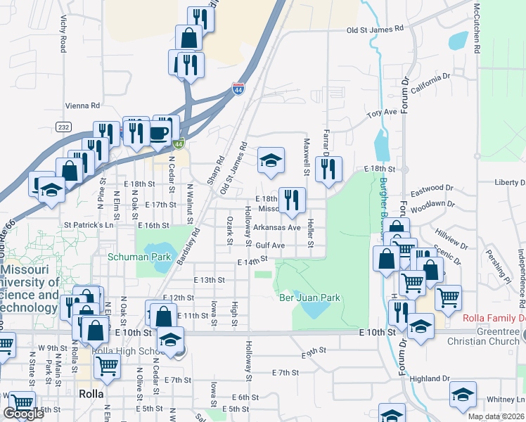 map of restaurants, bars, coffee shops, grocery stores, and more near 1615 Spencer Street in Rolla