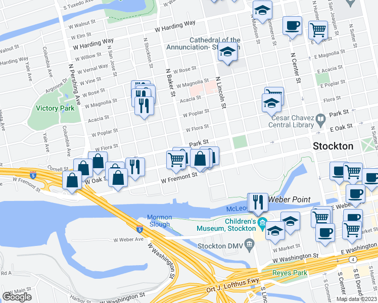 map of restaurants, bars, coffee shops, grocery stores, and more near 628 North Baker Street in Stockton