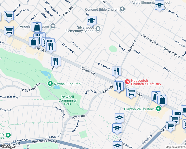 map of restaurants, bars, coffee shops, grocery stores, and more near 116 Saint James Parkway in Concord