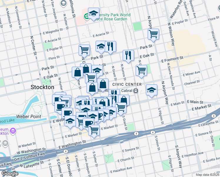 map of restaurants, bars, coffee shops, grocery stores, and more near 711 East Miner Avenue in Stockton