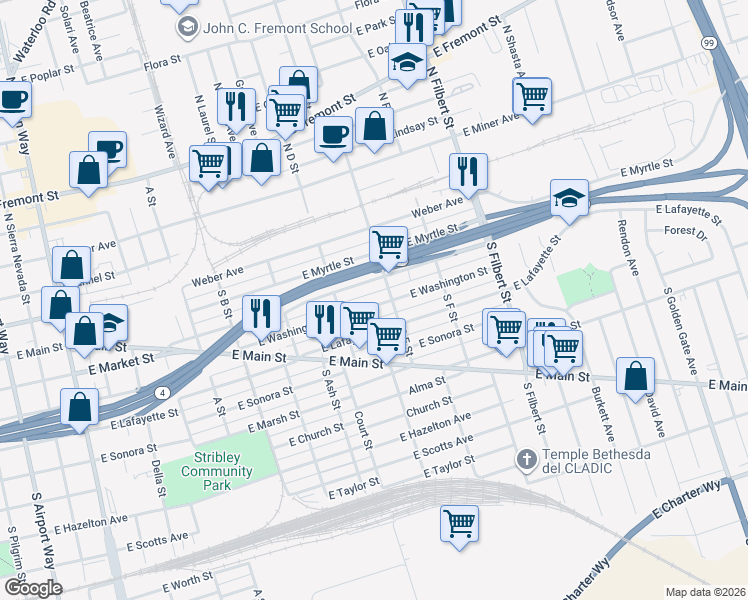 map of restaurants, bars, coffee shops, grocery stores, and more near 2271 Washington Street in Stockton