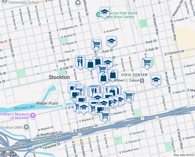 map of restaurants, bars, coffee shops, grocery stores, and more near 344 North California Street in Stockton