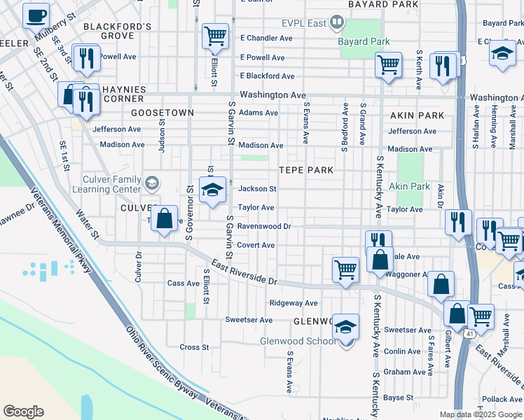 map of restaurants, bars, coffee shops, grocery stores, and more near 654 Taylor Avenue in Evansville