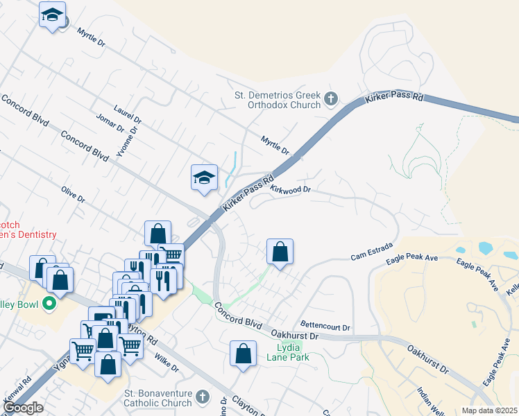map of restaurants, bars, coffee shops, grocery stores, and more near 5450 Kirkwood Drive in Concord