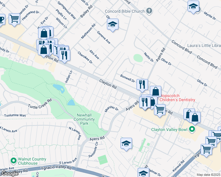 map of restaurants, bars, coffee shops, grocery stores, and more near 1489 Saint James Parkway in Concord