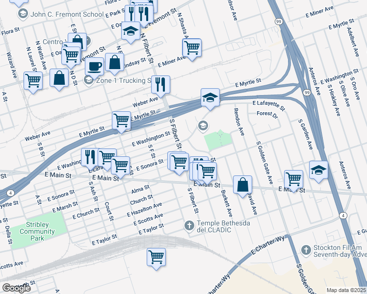 map of restaurants, bars, coffee shops, grocery stores, and more near 312 South Filbert Street in Stockton