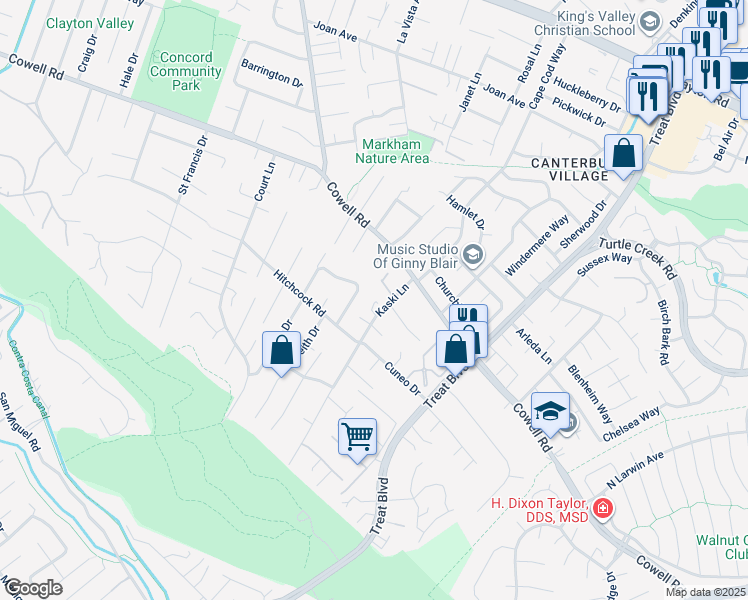 map of restaurants, bars, coffee shops, grocery stores, and more near 1187 Kaski Lane in Concord