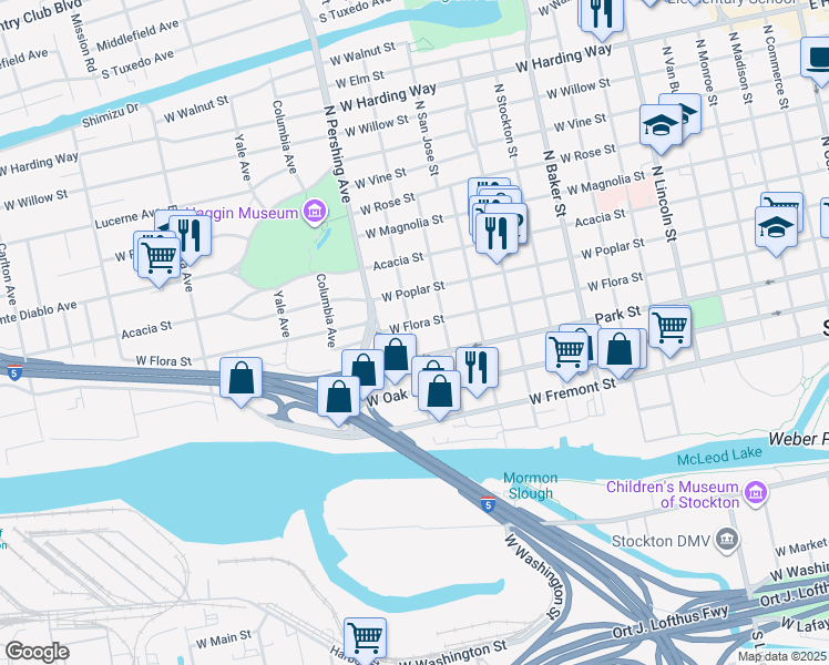 map of restaurants, bars, coffee shops, grocery stores, and more near 1266 West Flora Street in Stockton