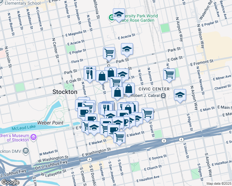 map of restaurants, bars, coffee shops, grocery stores, and more near 344 North California Street in Stockton