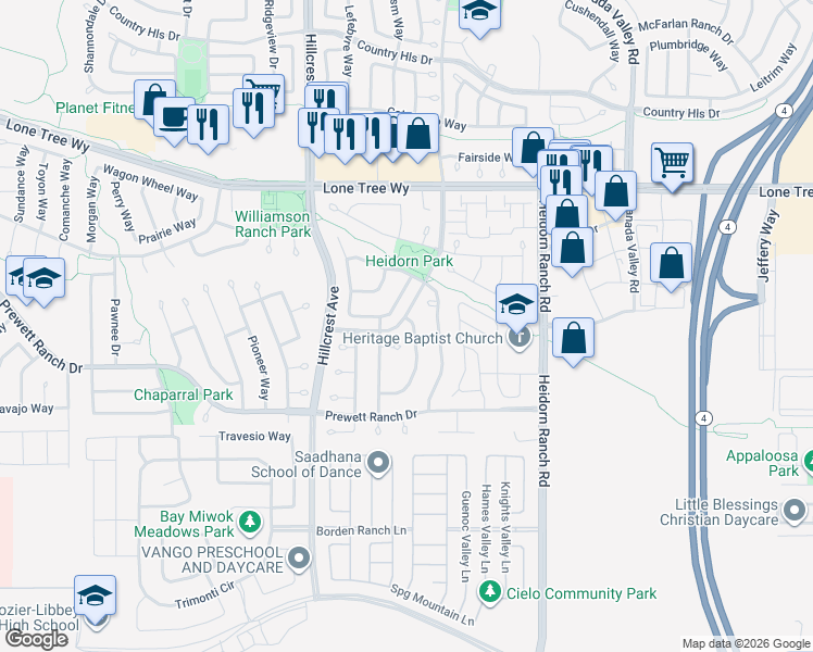 map of restaurants, bars, coffee shops, grocery stores, and more near 5403 Benttree Way in Antioch