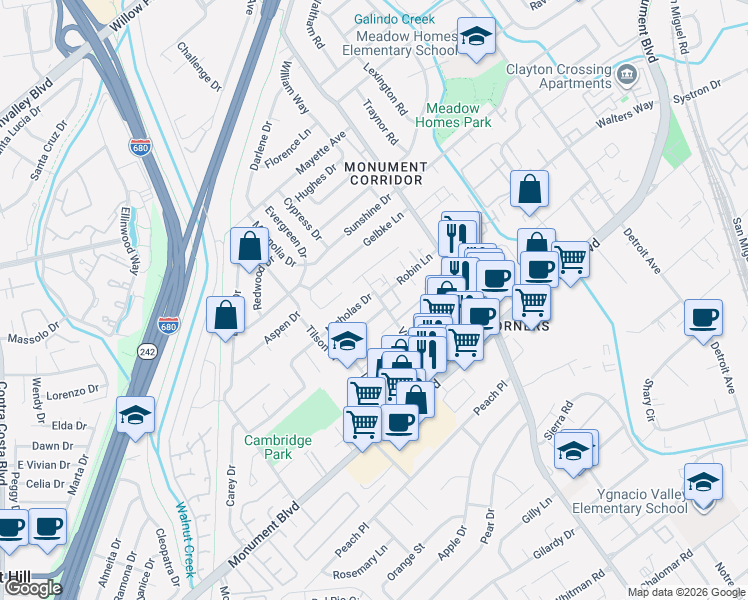 map of restaurants, bars, coffee shops, grocery stores, and more near 1621 Nicholas Drive in Concord