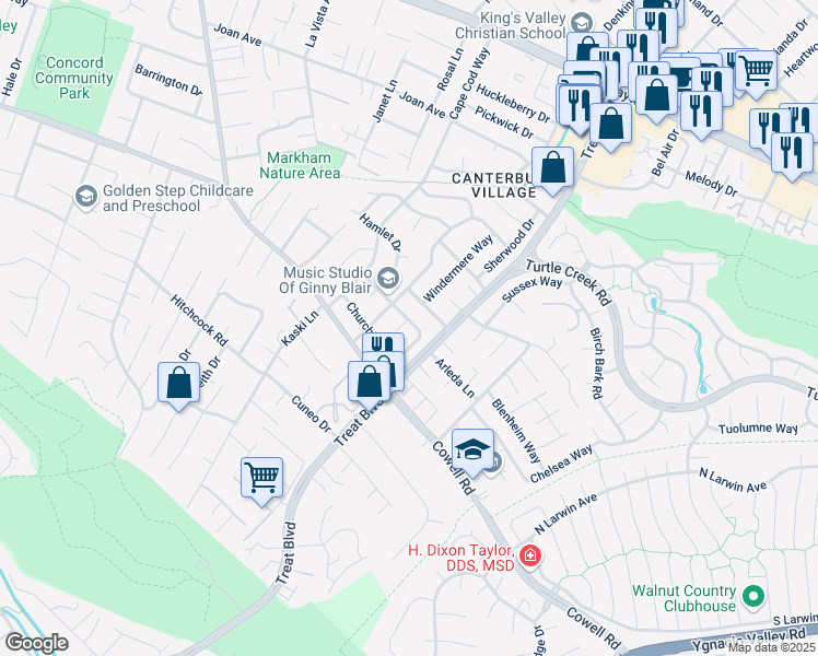 map of restaurants, bars, coffee shops, grocery stores, and more near 1235 Cheshire Court in Concord