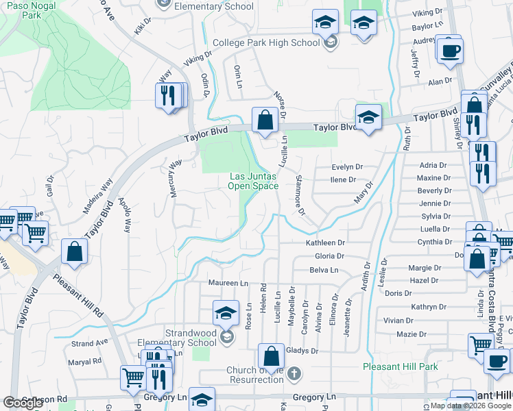 map of restaurants, bars, coffee shops, grocery stores, and more near 1711 Milburn Drive in Pleasant Hill