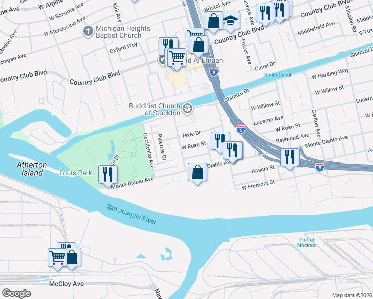 map of restaurants, bars, coffee shops, grocery stores, and more near 2884 West Rose Street in Stockton