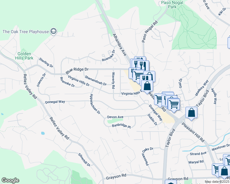 map of restaurants, bars, coffee shops, grocery stores, and more near 6661 Waverly Road in Martinez