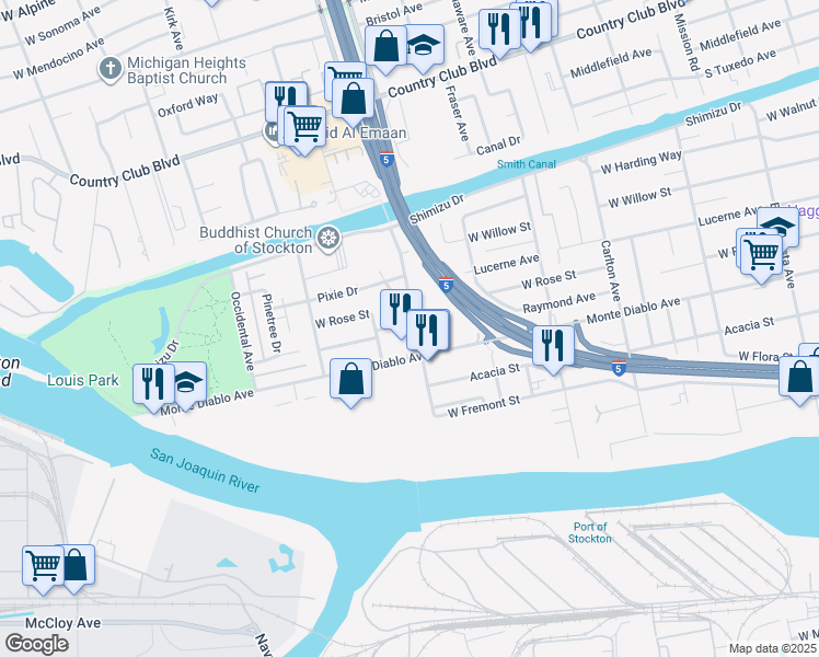 map of restaurants, bars, coffee shops, grocery stores, and more near 2708 Louis Court in Stockton