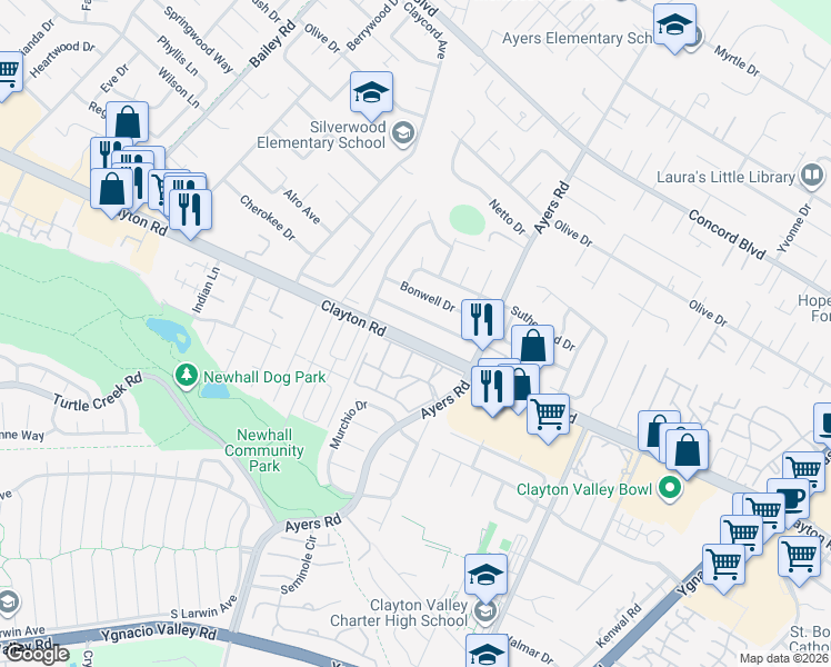 map of restaurants, bars, coffee shops, grocery stores, and more near 5047 Clayton Road in Concord