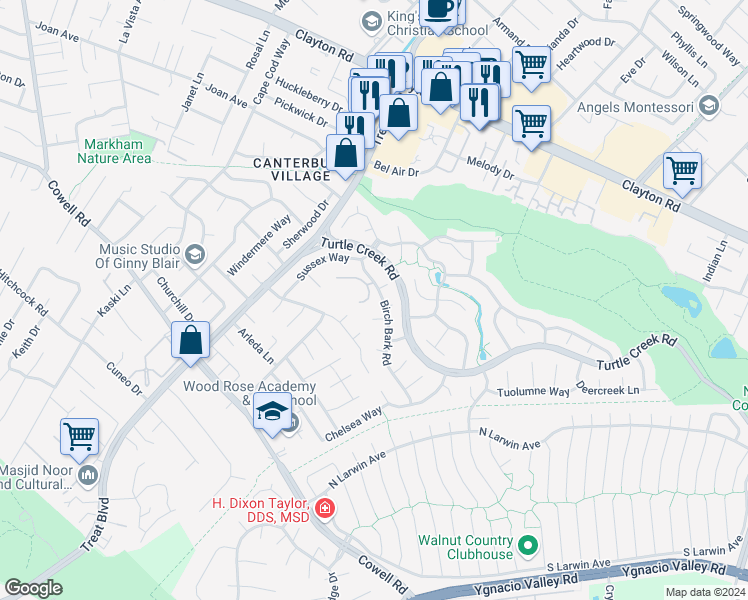 map of restaurants, bars, coffee shops, grocery stores, and more near 4420 Eagle Peak Road in Concord