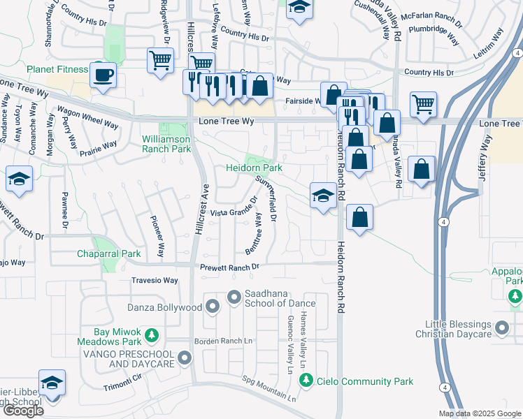 map of restaurants, bars, coffee shops, grocery stores, and more near 5410 Benttree Way in Antioch