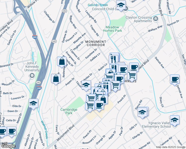 map of restaurants, bars, coffee shops, grocery stores, and more near 1630 Nicholas Drive in Concord