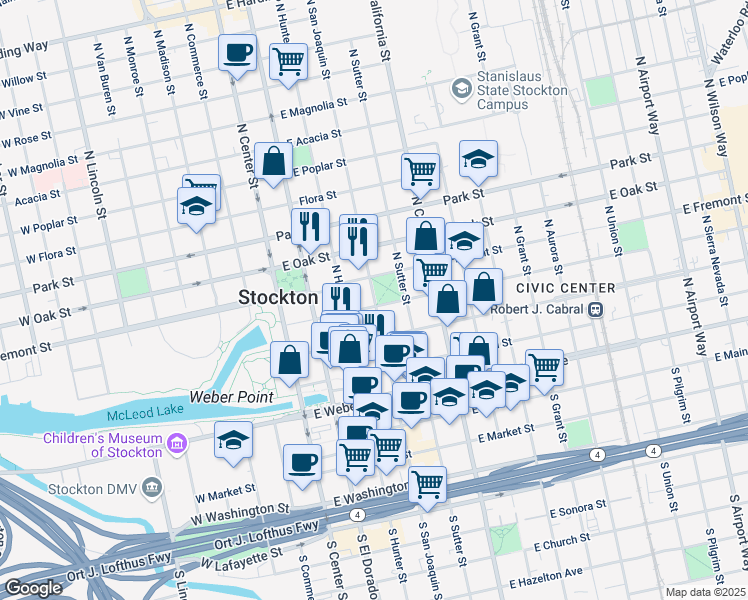 map of restaurants, bars, coffee shops, grocery stores, and more near in Stockton