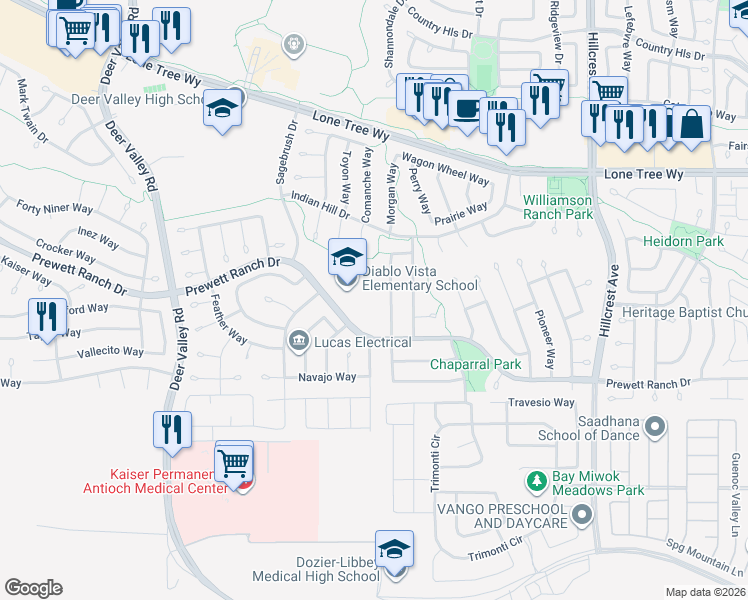 map of restaurants, bars, coffee shops, grocery stores, and more near 4791 Prewett Ranch Drive in Antioch