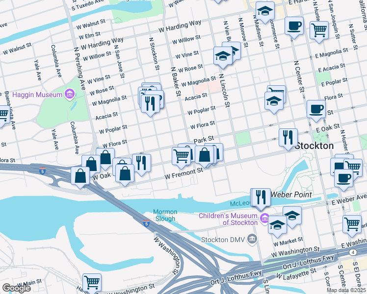 map of restaurants, bars, coffee shops, grocery stores, and more near 820 West Park Street in Stockton