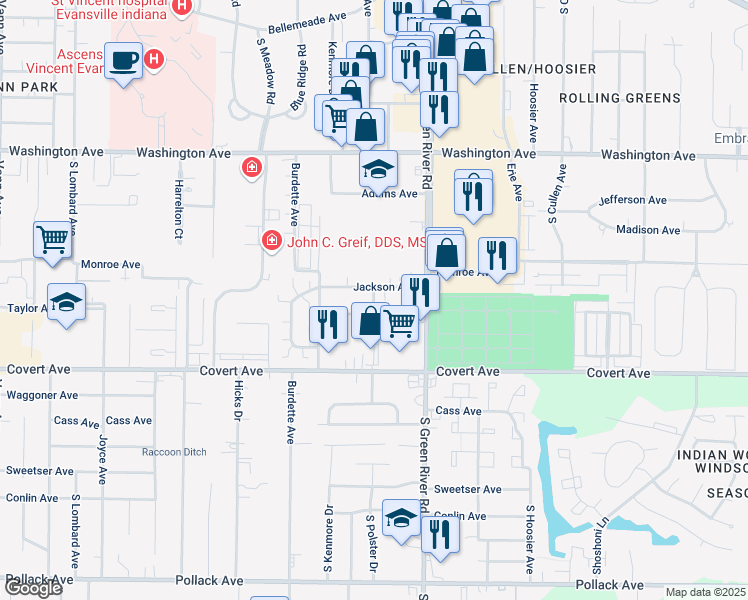 map of restaurants, bars, coffee shops, grocery stores, and more near Cring Avenue in Evansville