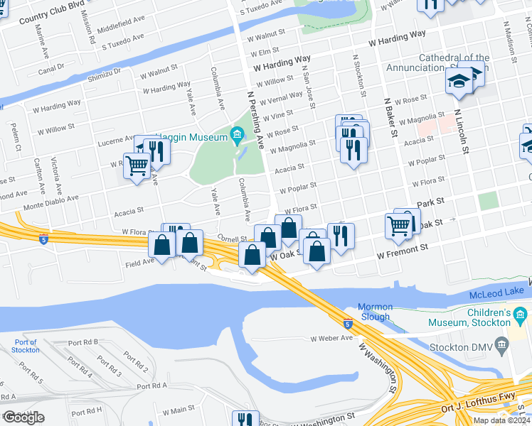 map of restaurants, bars, coffee shops, grocery stores, and more near 1422 West Flora Street in Stockton