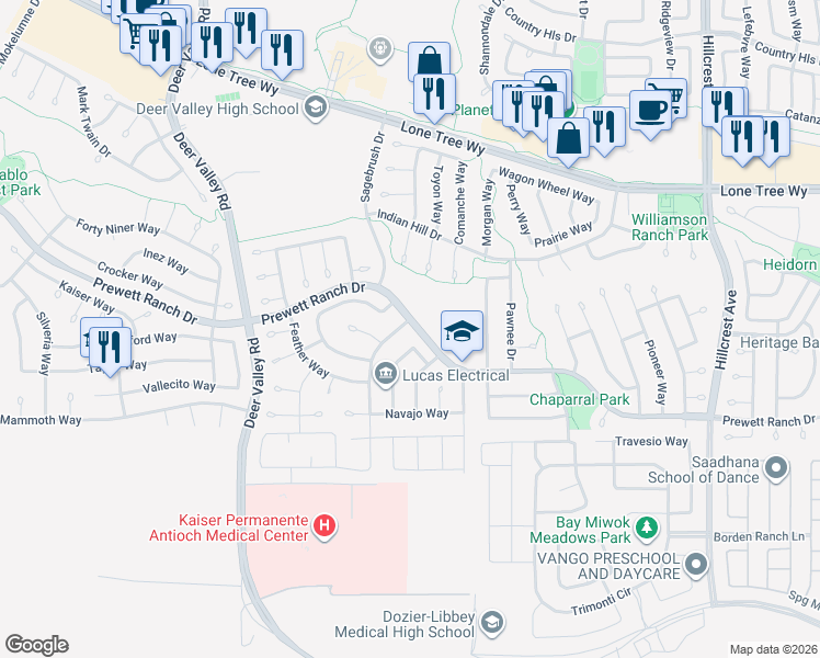map of restaurants, bars, coffee shops, grocery stores, and more near 5301 Mojave Way in Antioch