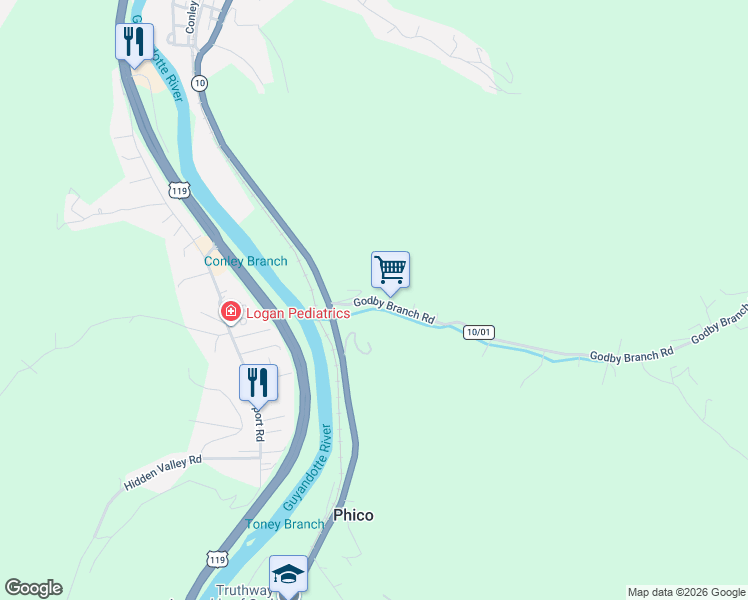 map of restaurants, bars, coffee shops, grocery stores, and more near 103 Godby Branch Road in Chapmanville