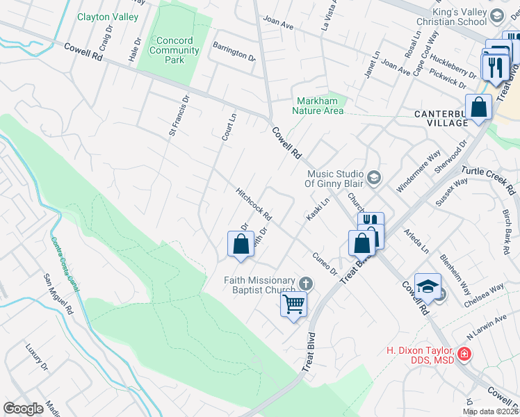 map of restaurants, bars, coffee shops, grocery stores, and more near 4005 Hitchcock Road in Concord