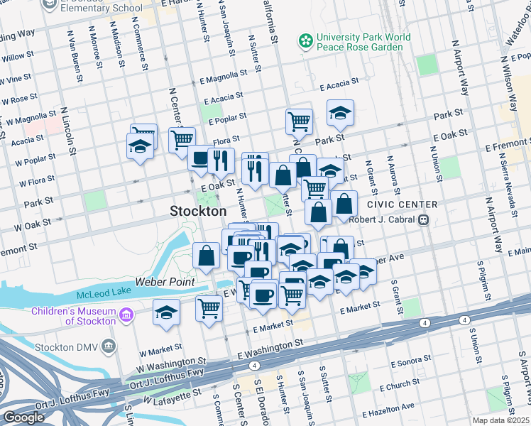 map of restaurants, bars, coffee shops, grocery stores, and more near in Stockton