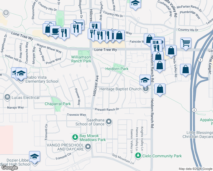 map of restaurants, bars, coffee shops, grocery stores, and more near in Antioch