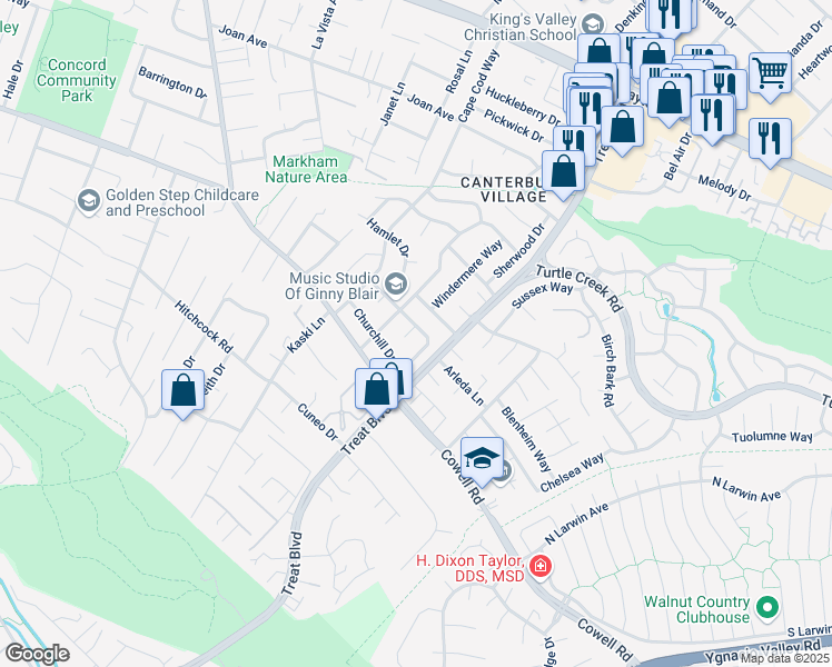 map of restaurants, bars, coffee shops, grocery stores, and more near 1235 Cheshire Court in Concord