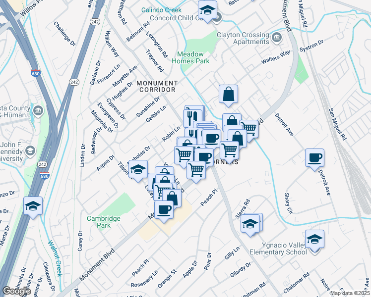 map of restaurants, bars, coffee shops, grocery stores, and more near 1133 Meadow Lane in Concord