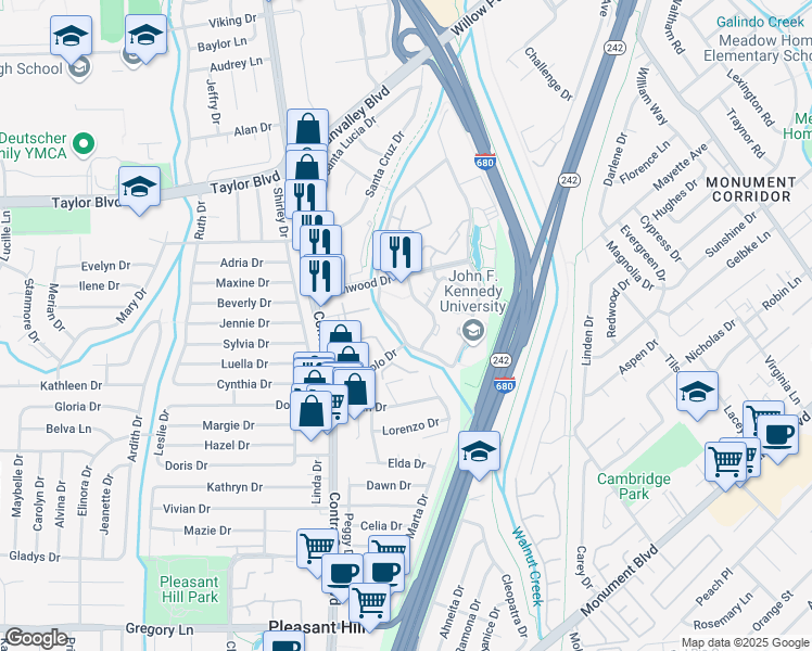 map of restaurants, bars, coffee shops, grocery stores, and more near 200-800 Longbrook Way in Pleasant Hill