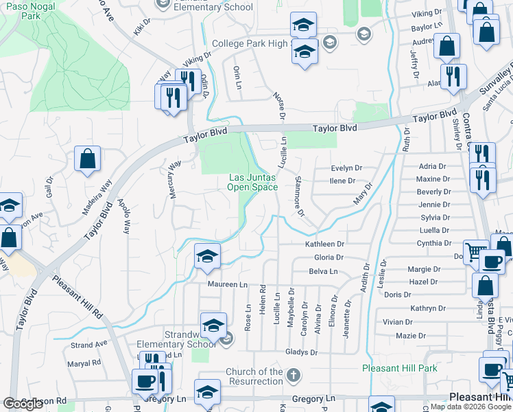 map of restaurants, bars, coffee shops, grocery stores, and more near 1711 Milburn Drive in Pleasant Hill