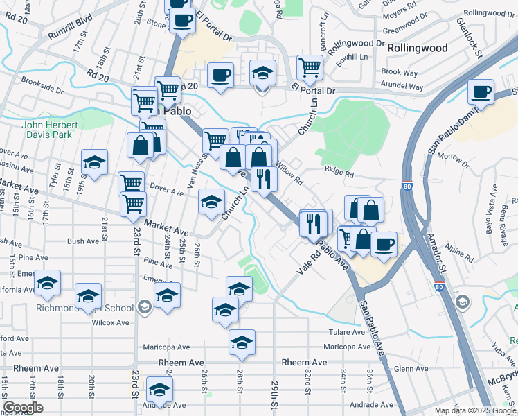 map of restaurants, bars, coffee shops, grocery stores, and more near 2842 Chattleton Lane in San Pablo