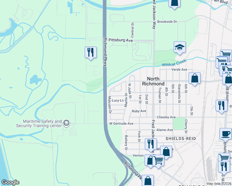 map of restaurants, bars, coffee shops, grocery stores, and more near 136 Spears Circle in Richmond