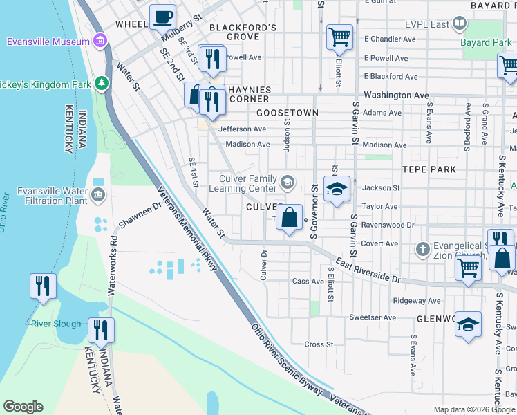 map of restaurants, bars, coffee shops, grocery stores, and more near 1414 Culver Drive in Evansville