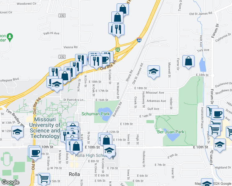 map of restaurants, bars, coffee shops, grocery stores, and more near 1606 North Walnut Street in Rolla
