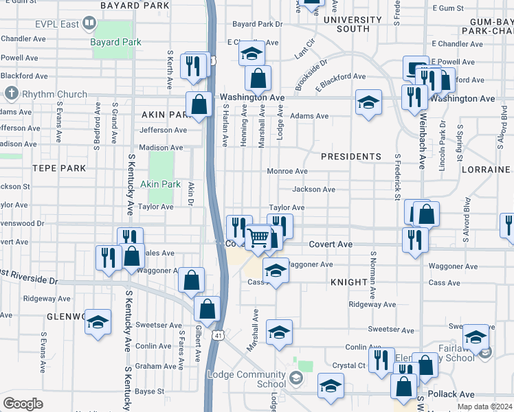 map of restaurants, bars, coffee shops, grocery stores, and more near 1415 Marshall Avenue in Evansville